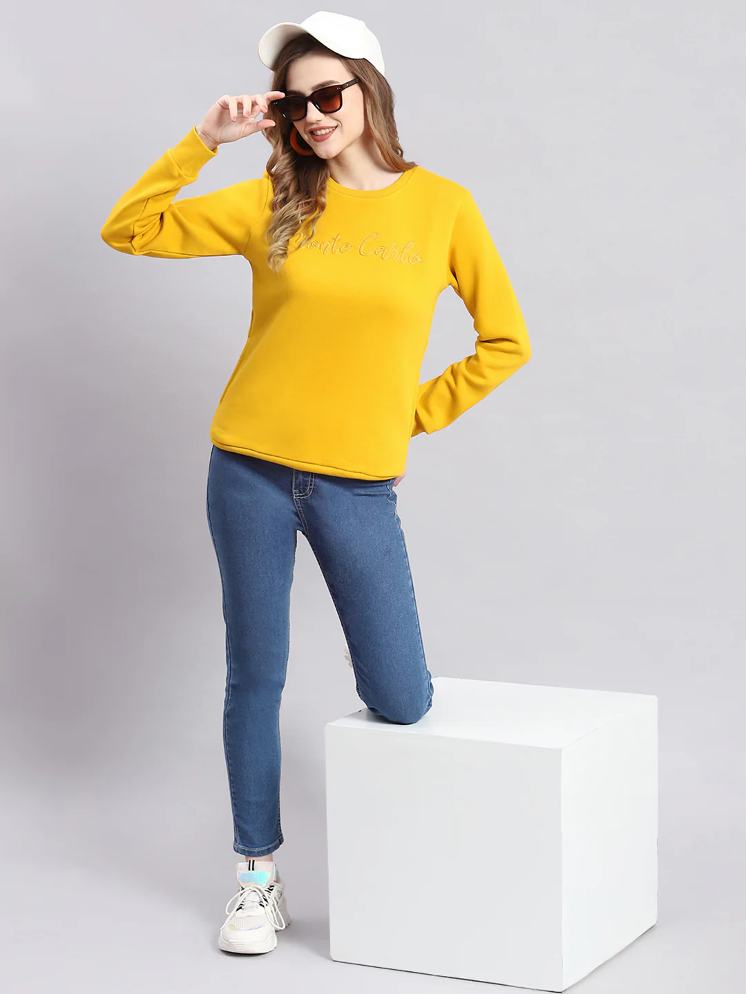 Women Mustard Embroidered Round Neck Full Sleeve Sweatshirts - Image 2