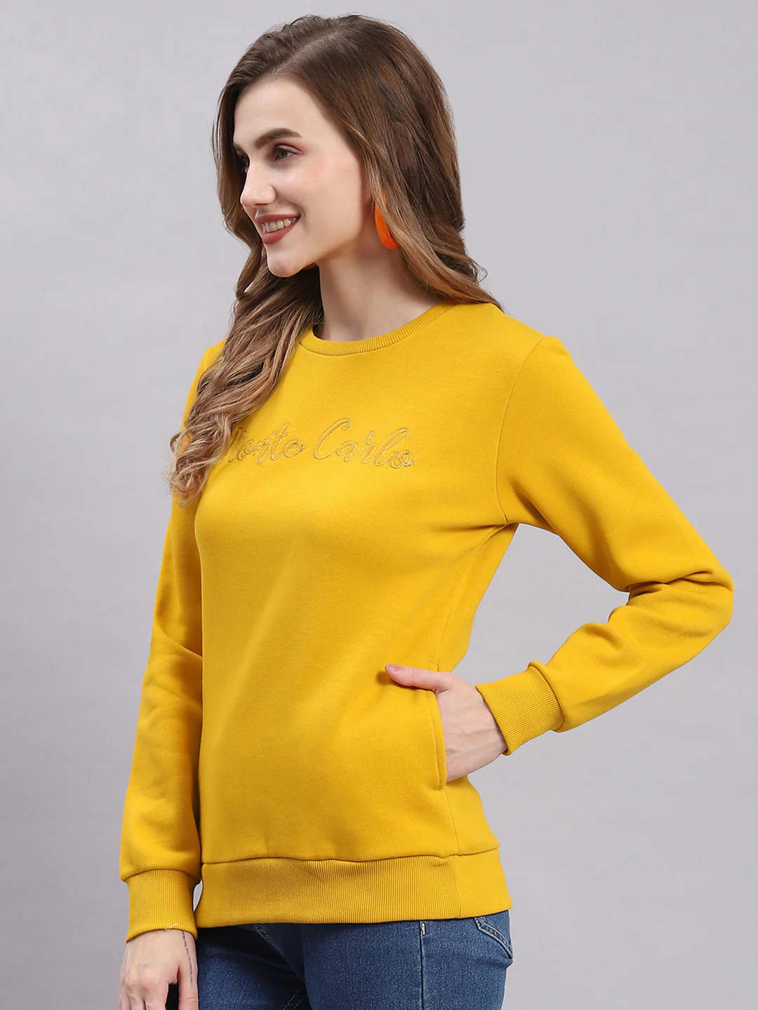 Women Mustard Embroidered Round Neck Full Sleeve Sweatshirts - Image 3