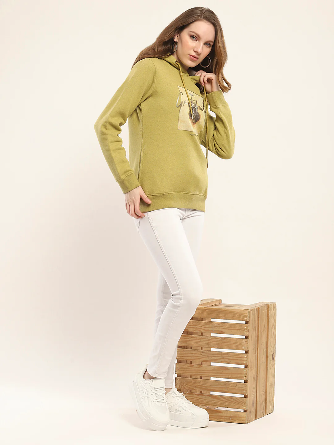Women Mustard Printed Hooded Full Sleeve Sweatshirt - Image 2