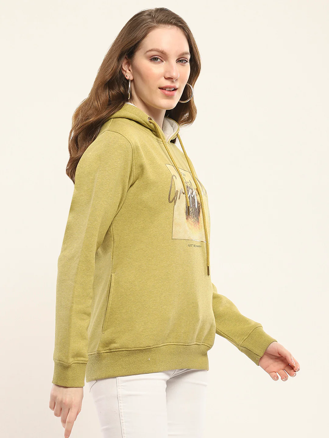 Women Mustard Printed Hooded Full Sleeve Sweatshirt - Image 4