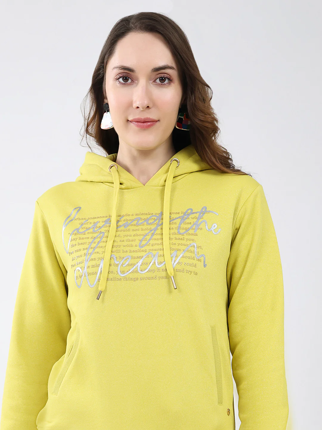Women Mustard Printed Hooded Full Sleeve Sweatshirt - Image 8