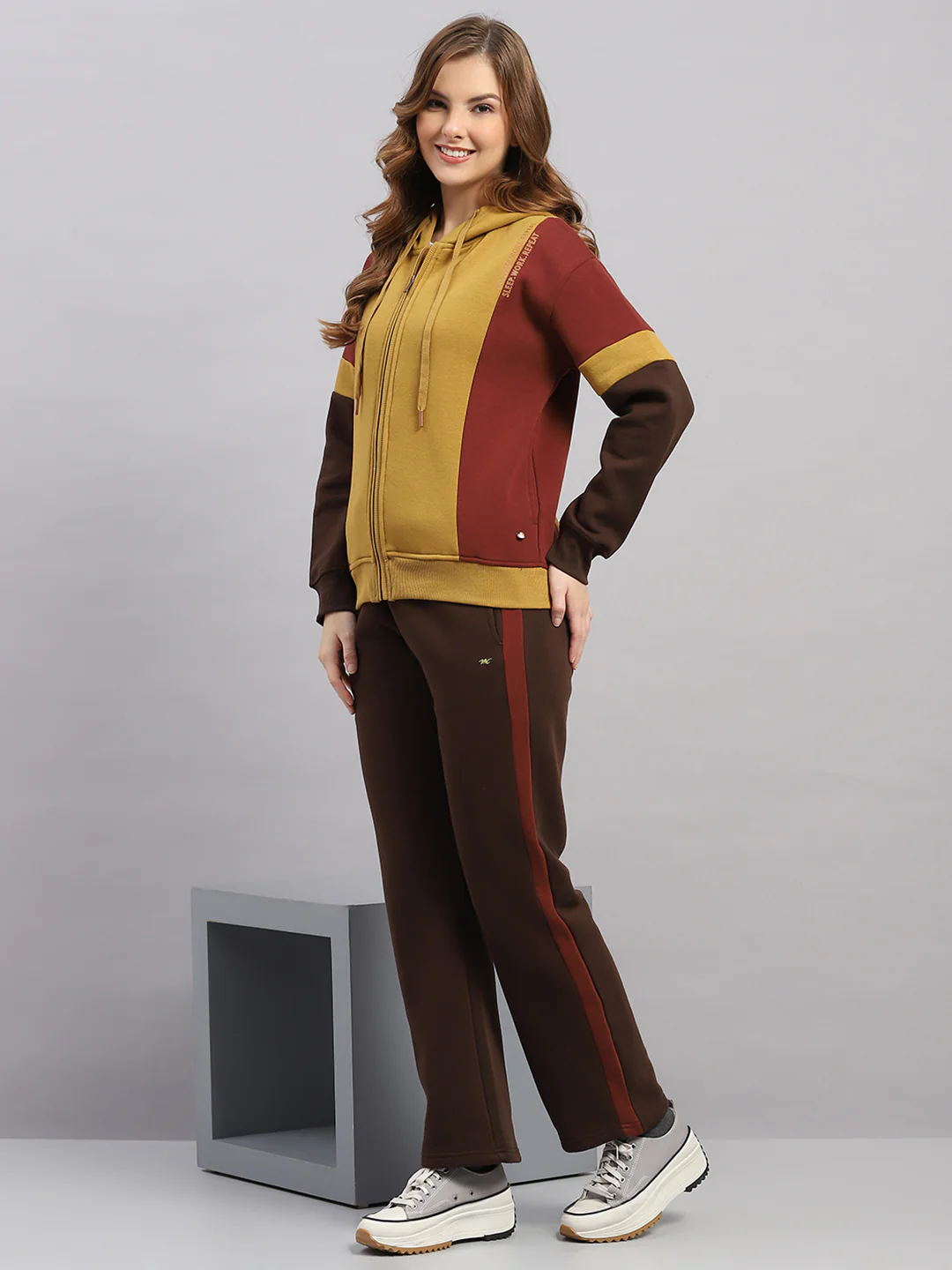 Women Mustard Printed Hooded Full Sleeve Winter Tracksuit - Image 3