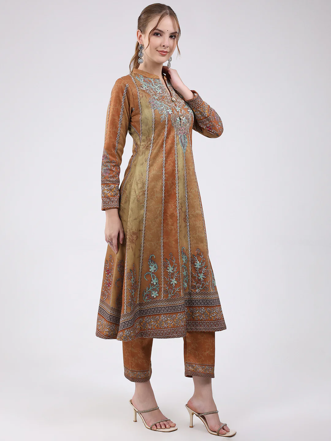 Women Mustard Printed Round Neck Full Sleeve Kurti Set for Winter - Image 6