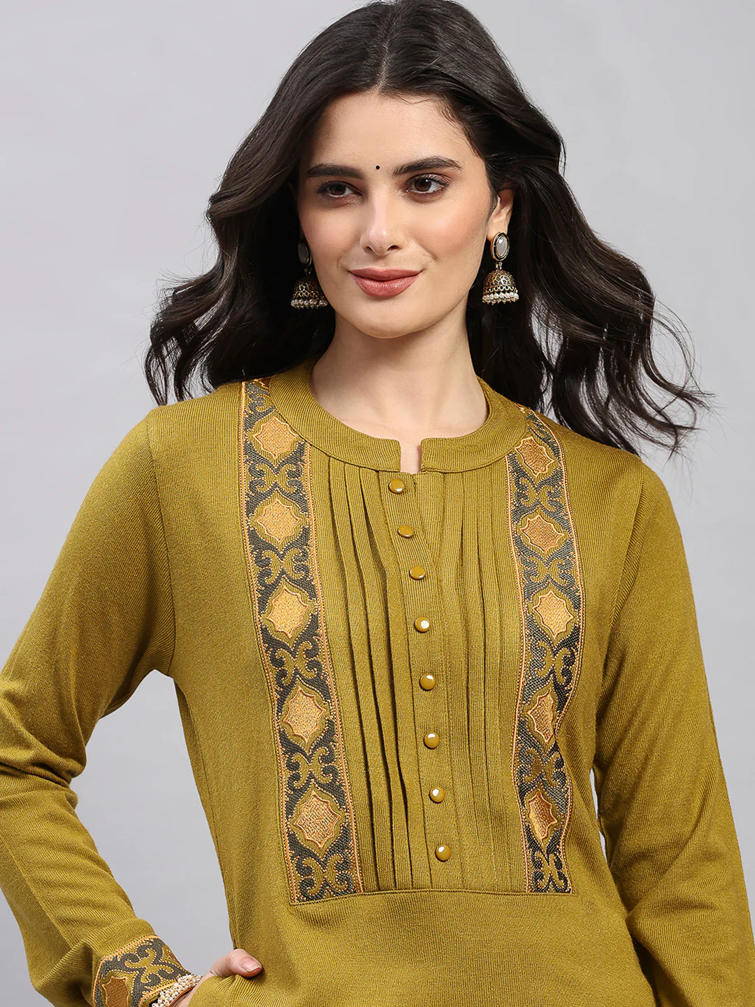 Women Mustard Printed Round Neck Full Sleeve Kurti Set for Winter - Image 6