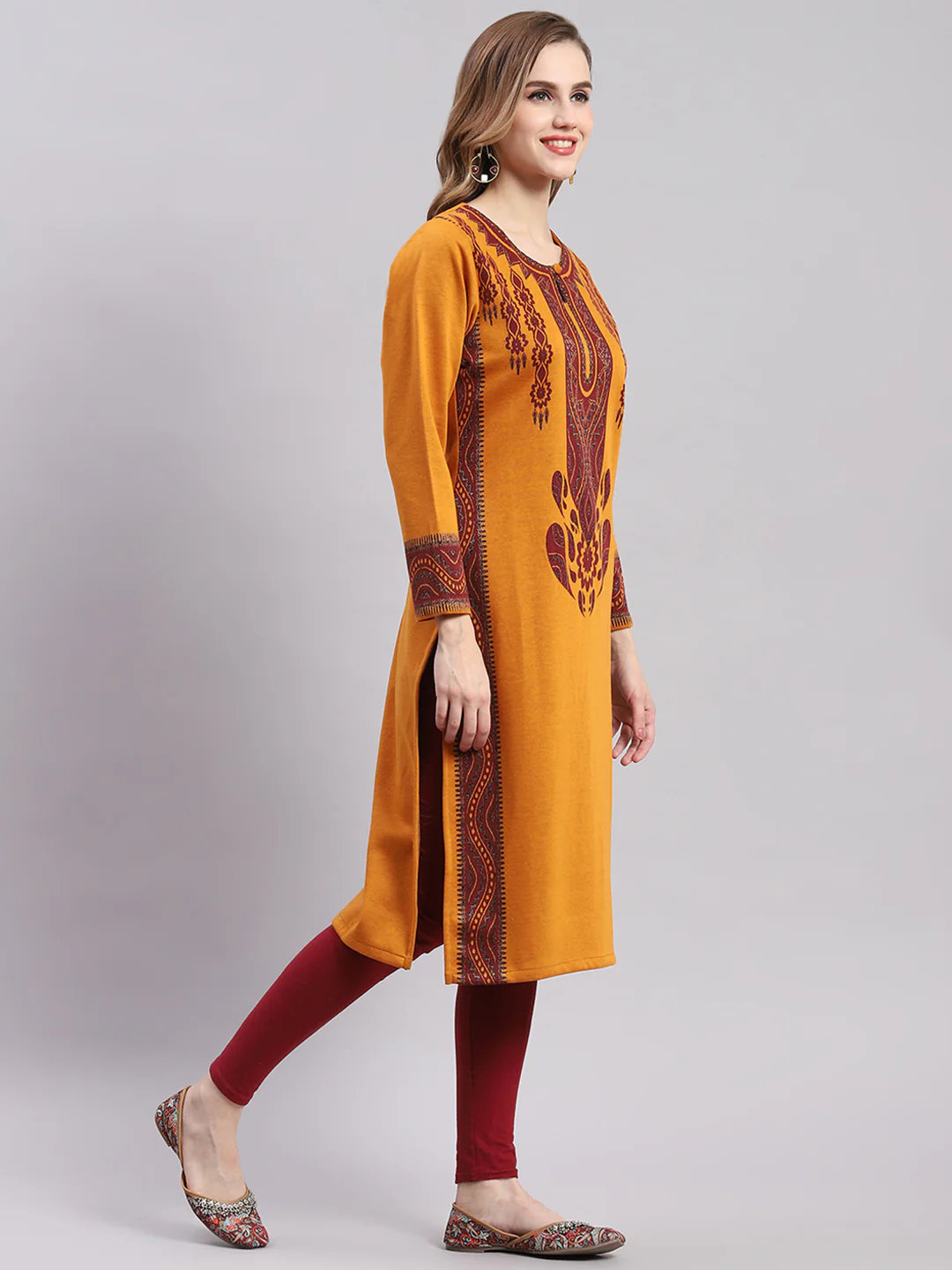 Women Mustard Printed Round Neck Full Sleeve Kurtis - Image 5
