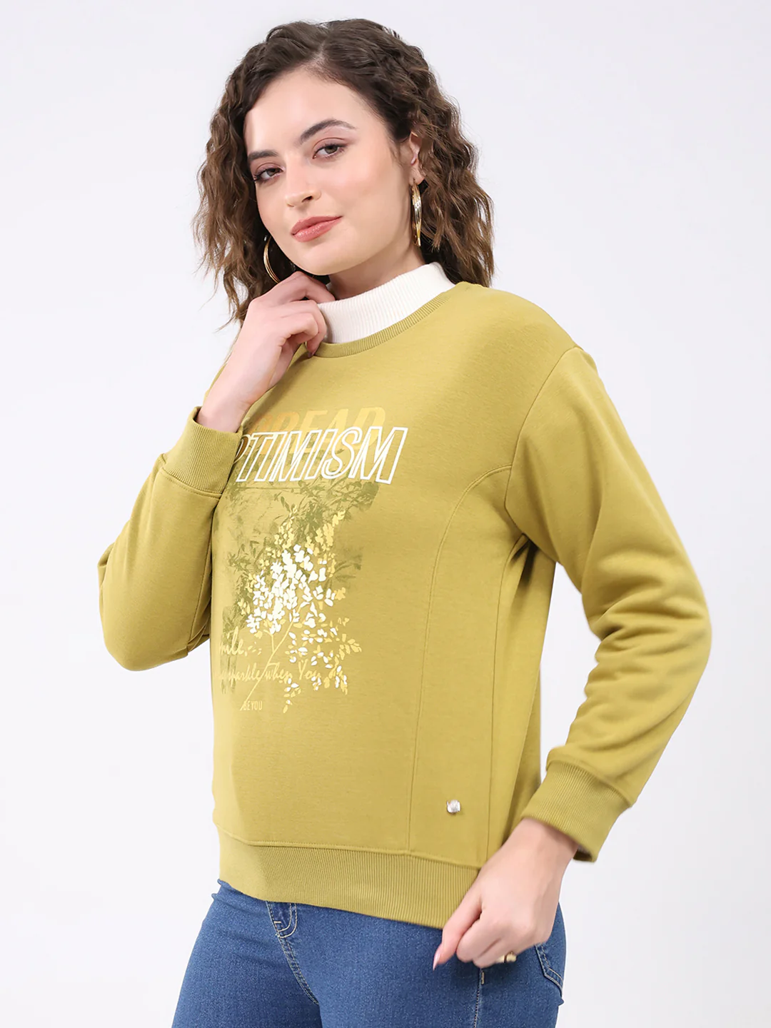Women Mustard Printed Round Neck Full Sleeve Sweatshirt - Image 3