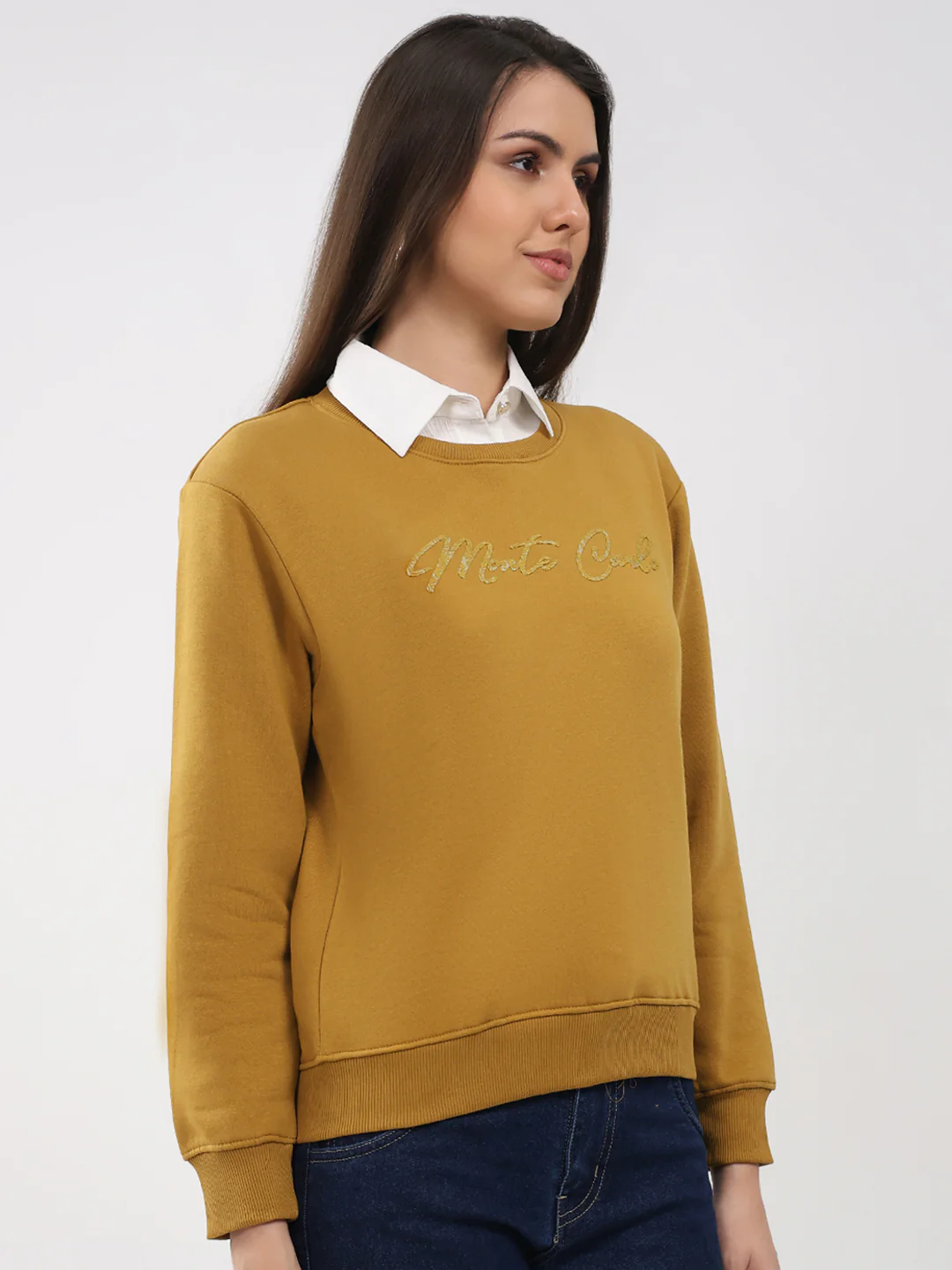 Women Mustard Printed Round Neck Full Sleeve Sweatshirt - Image 4