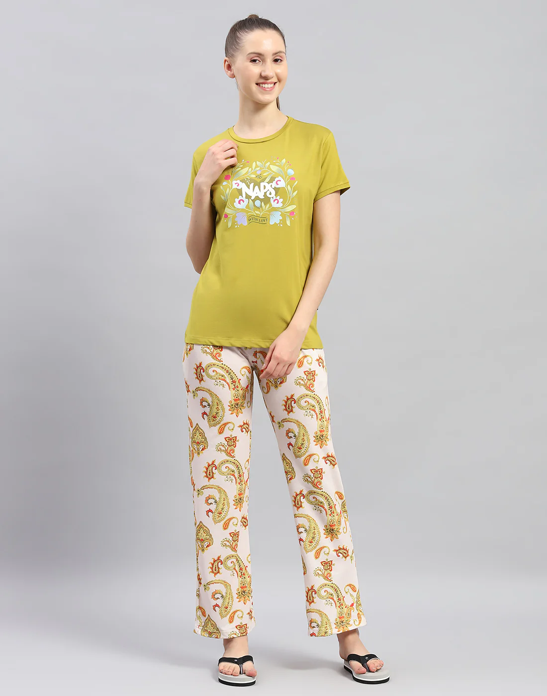 Women Mustard Printed Round Neck Half Sleeve Lower Set - Image 2