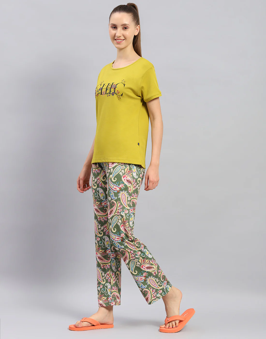 Women Mustard Printed Round Neck Half Sleeve Lower Set - Image 4