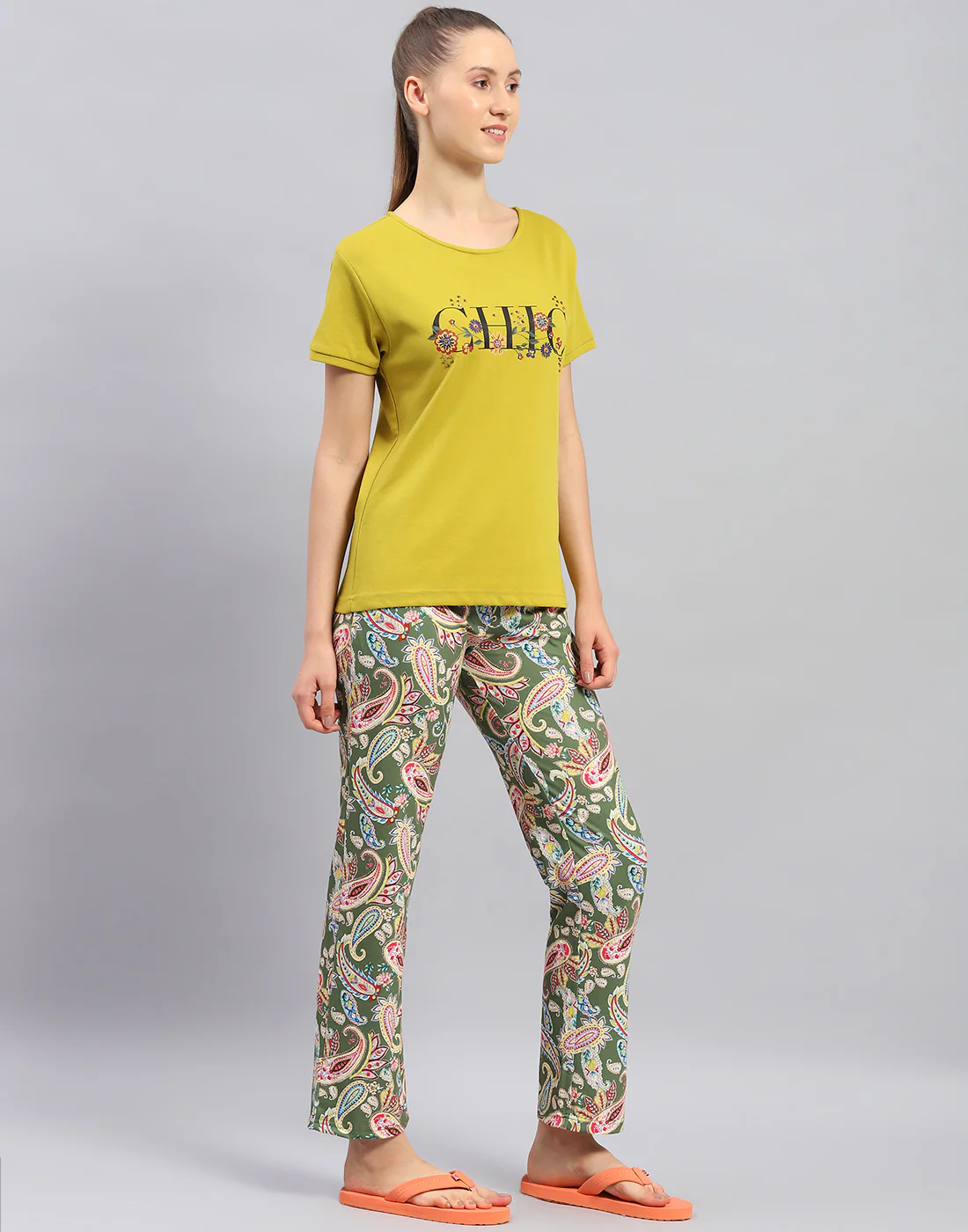 Women Mustard Printed Round Neck Half Sleeve Lower Set - Image 5