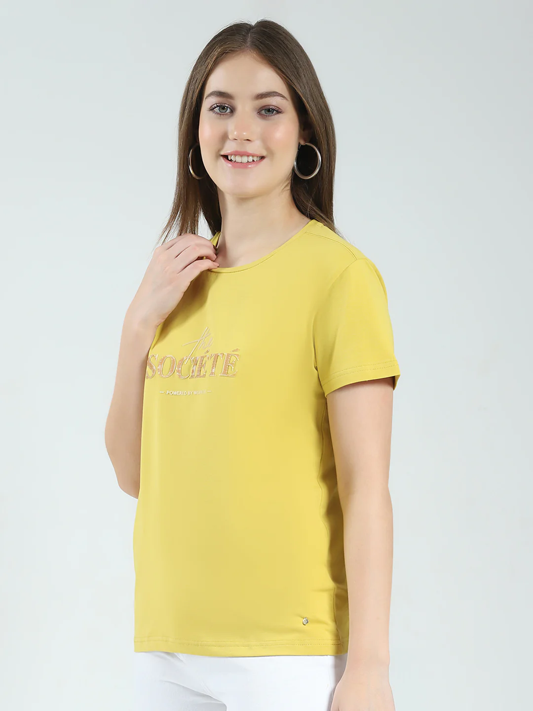Women Mustard Printed Round Neck Half Sleeve Top - Image 3