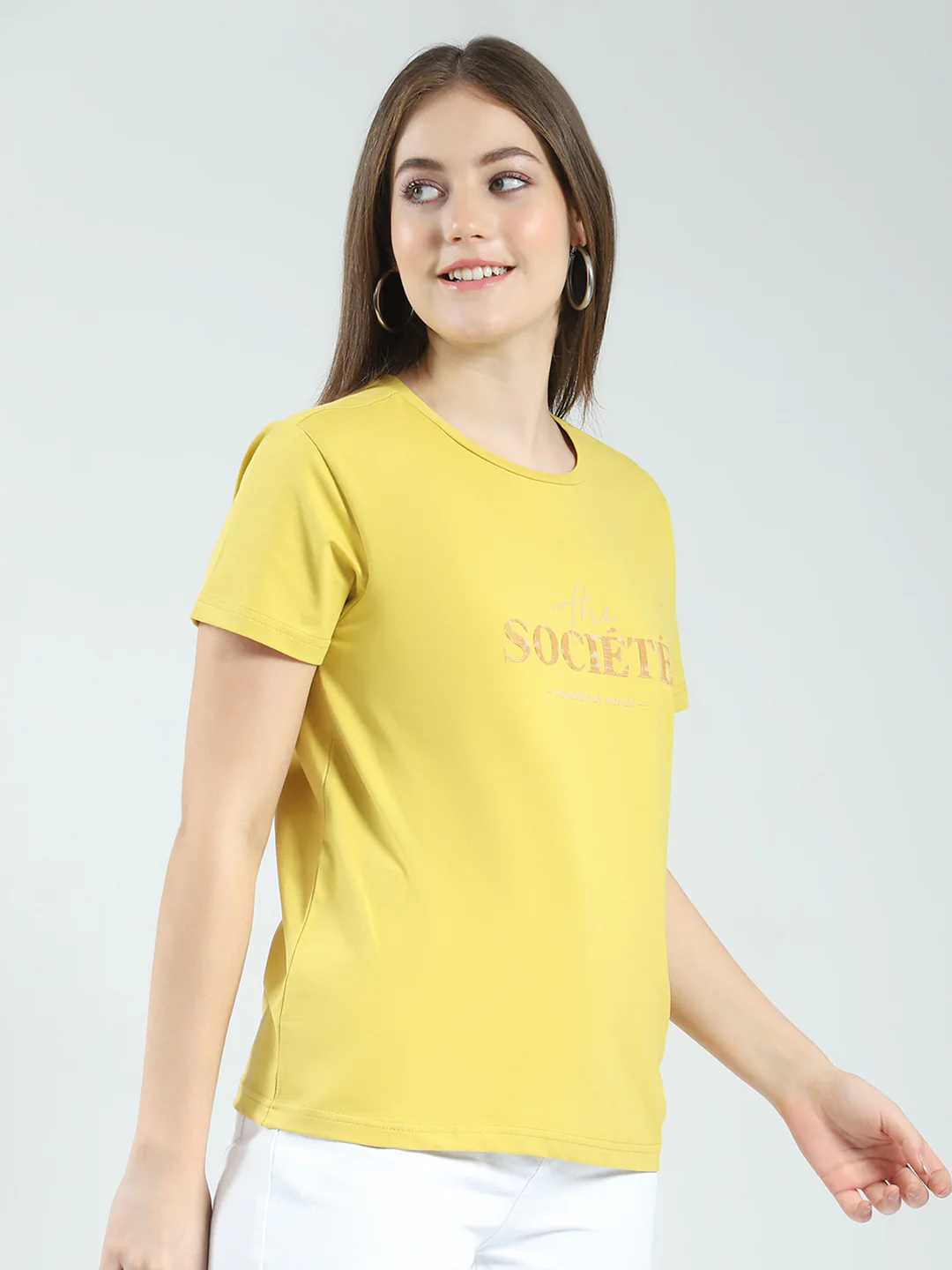 Women Mustard Printed Round Neck Half Sleeve Top - Image 4