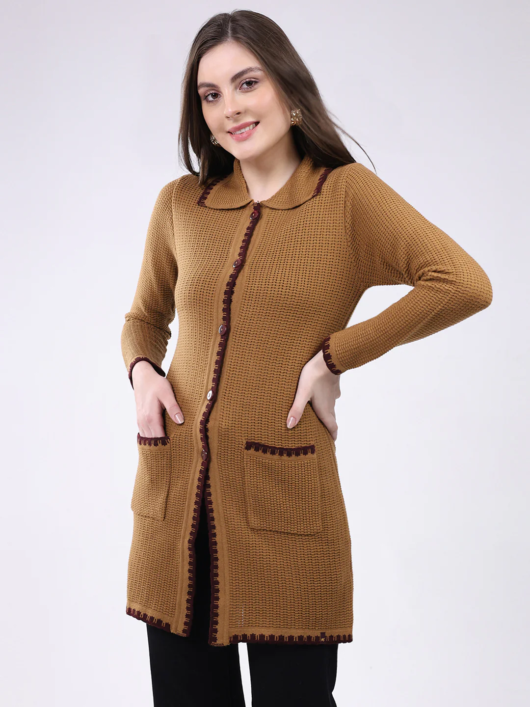 Women Mustard Self Design Collar Full Sleeve Cardigan - Image 3