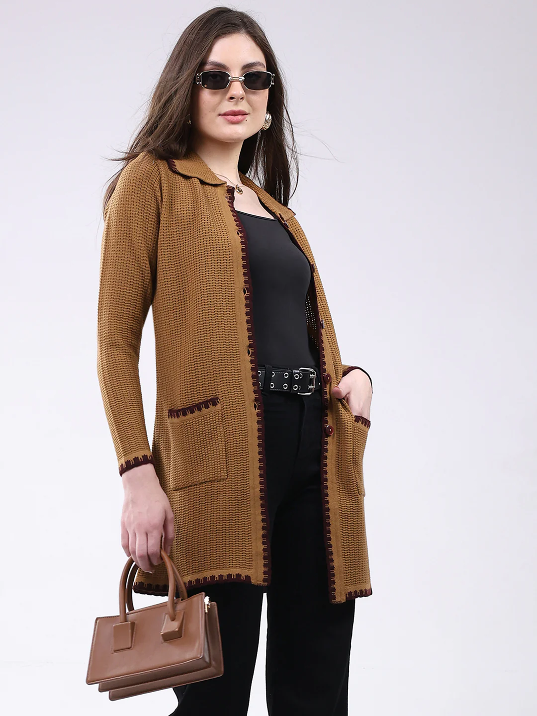 Women Mustard Self Design Collar Full Sleeve Cardigan - Image 6