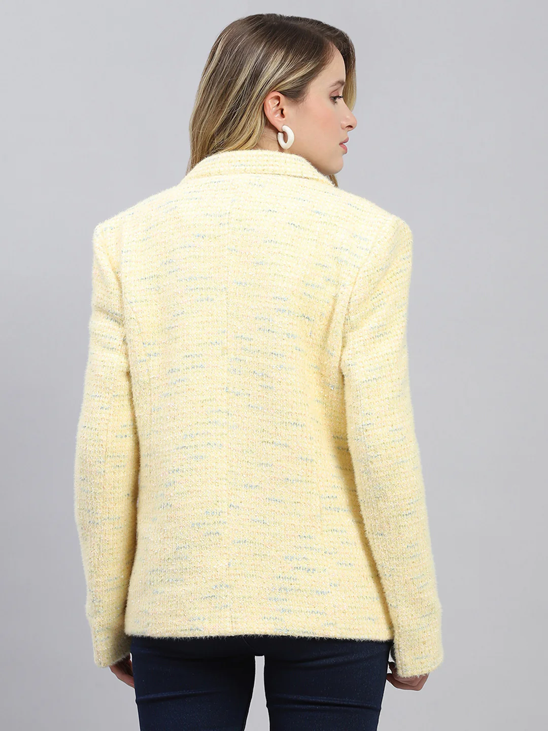 Women Mustard Self Design Collar Full Sleeve Coat - Image 5