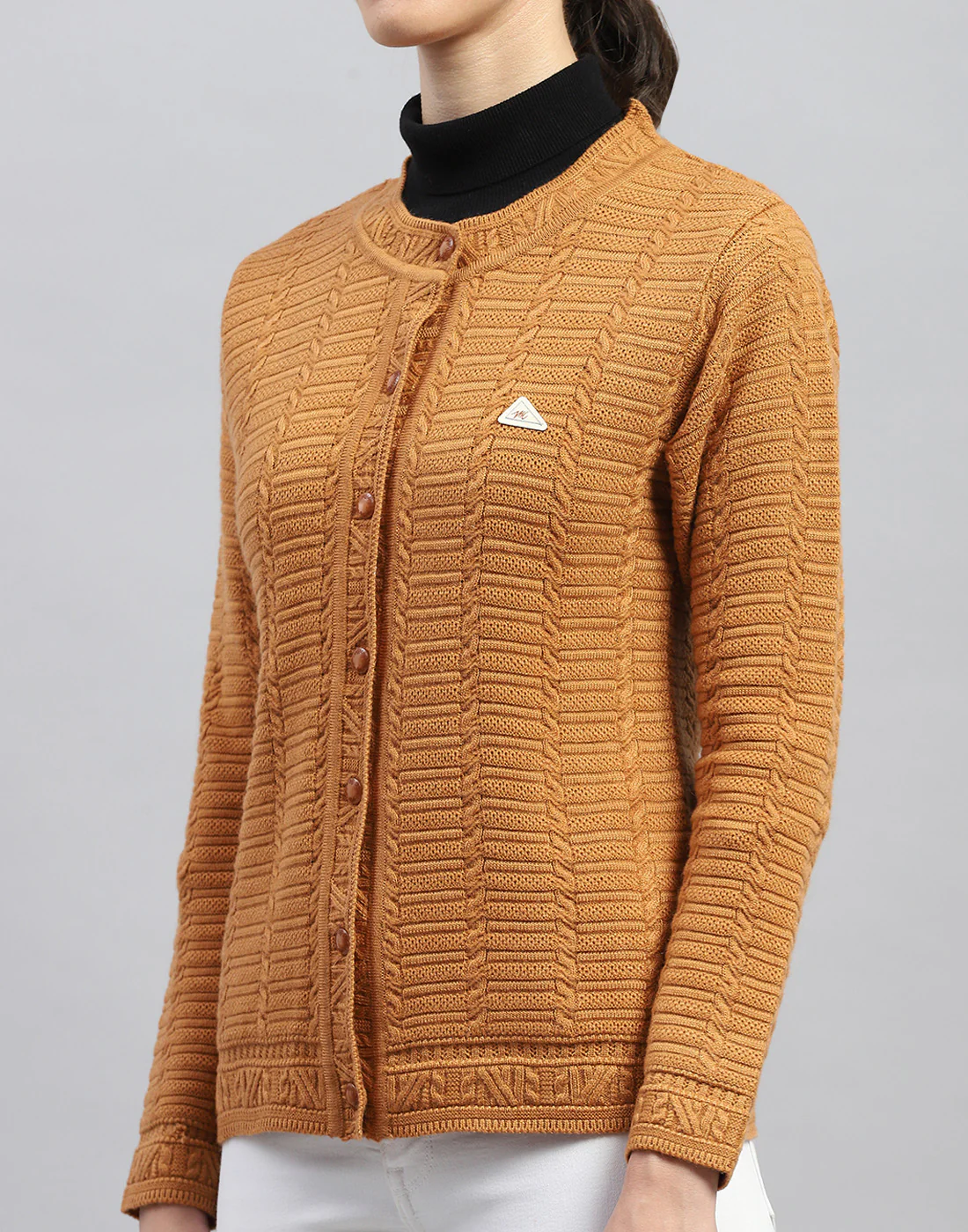 Women Mustard Self Design Round Neck Full Sleeve Cardigan - Image 6