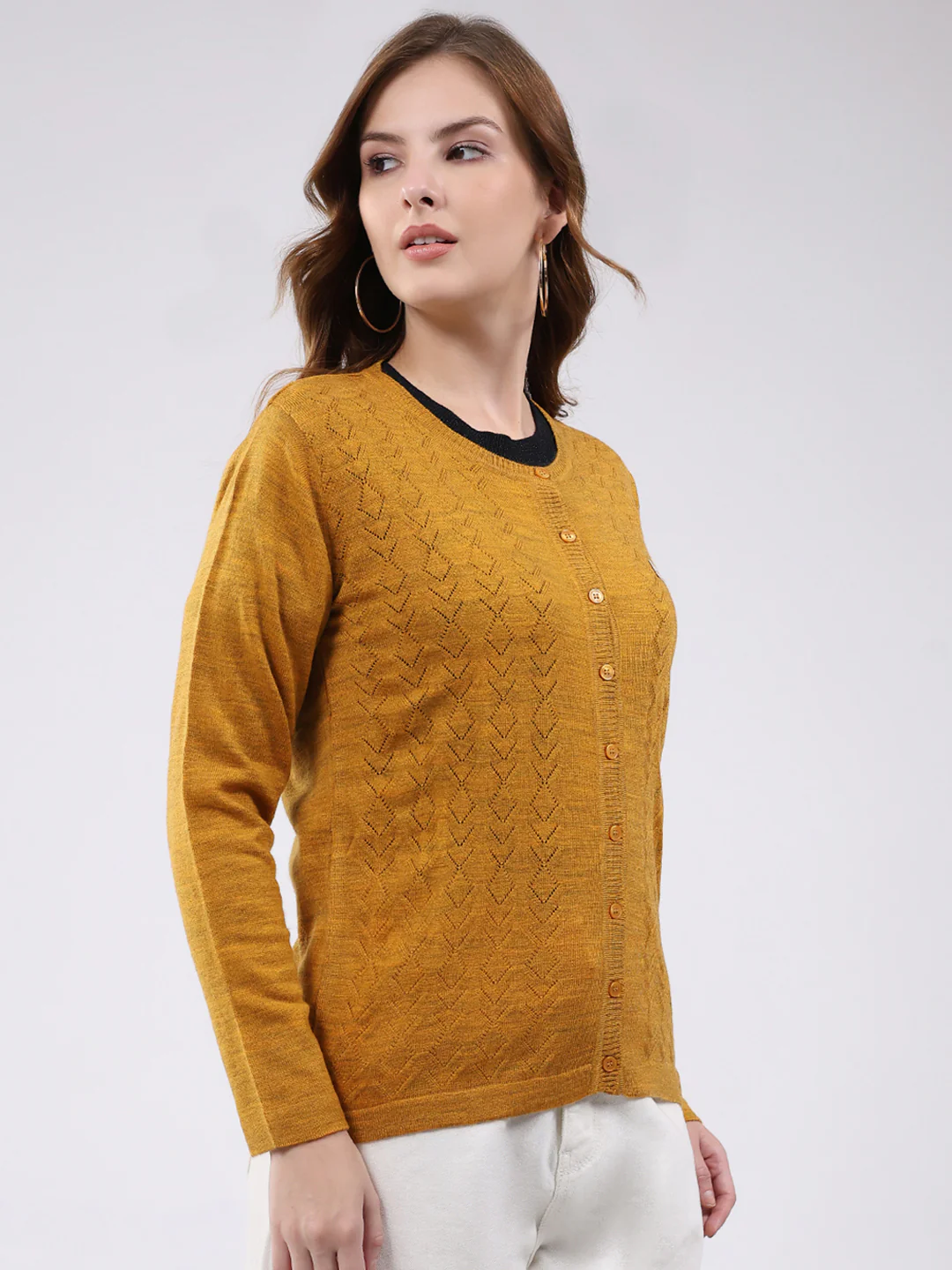 Women Mustard Self Design Round Neck Full Sleeve Cardigan - Image 4