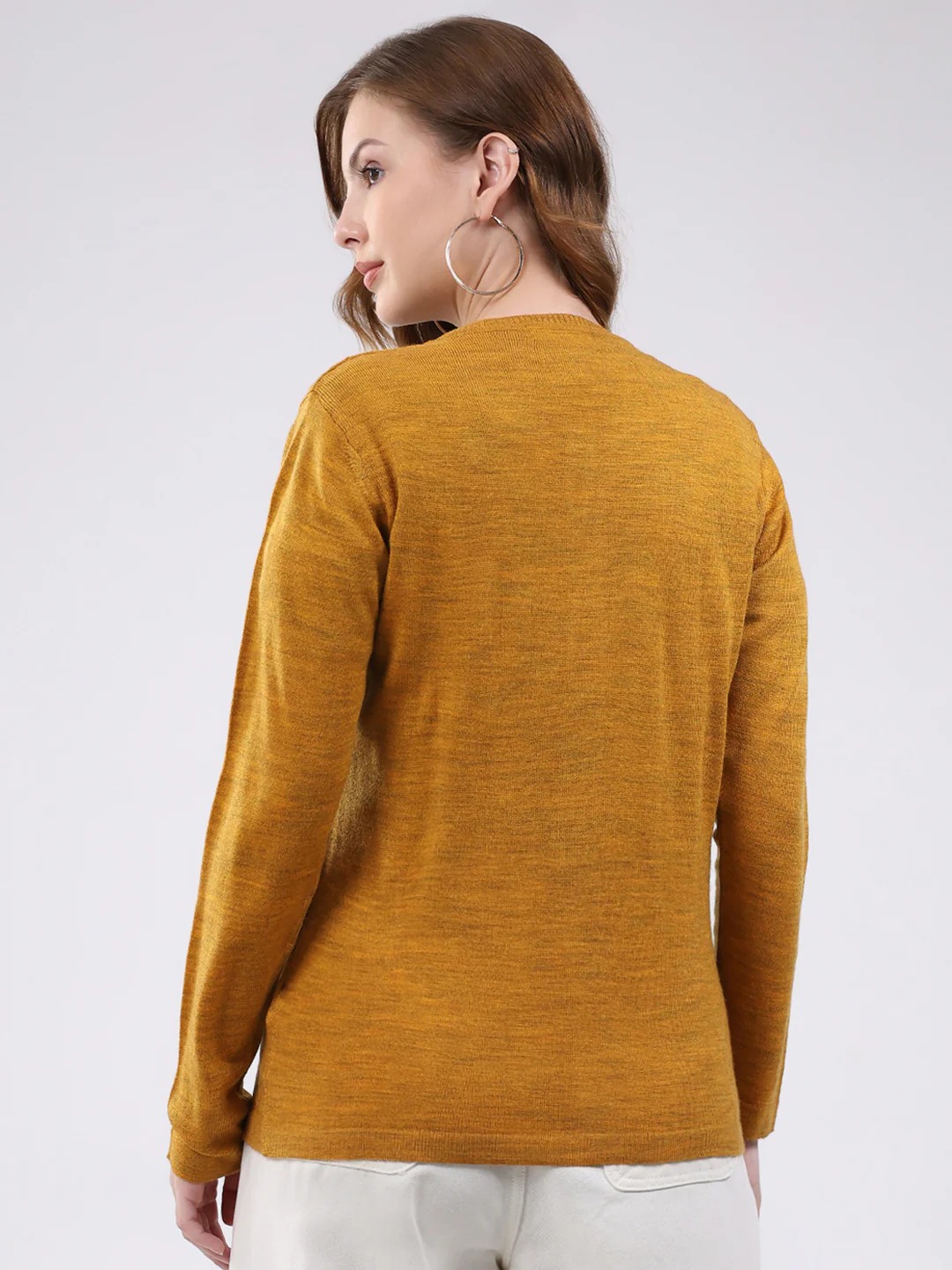 Women Mustard Self Design Round Neck Full Sleeve Cardigan - Image 5