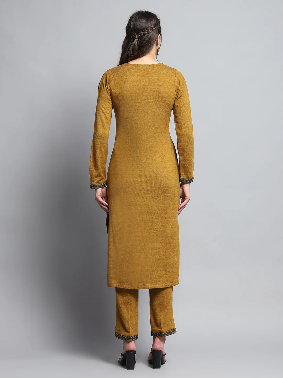 Women Mustard Self Design Round Neck Full Sleeve Kurti Set for Winter - Image 5