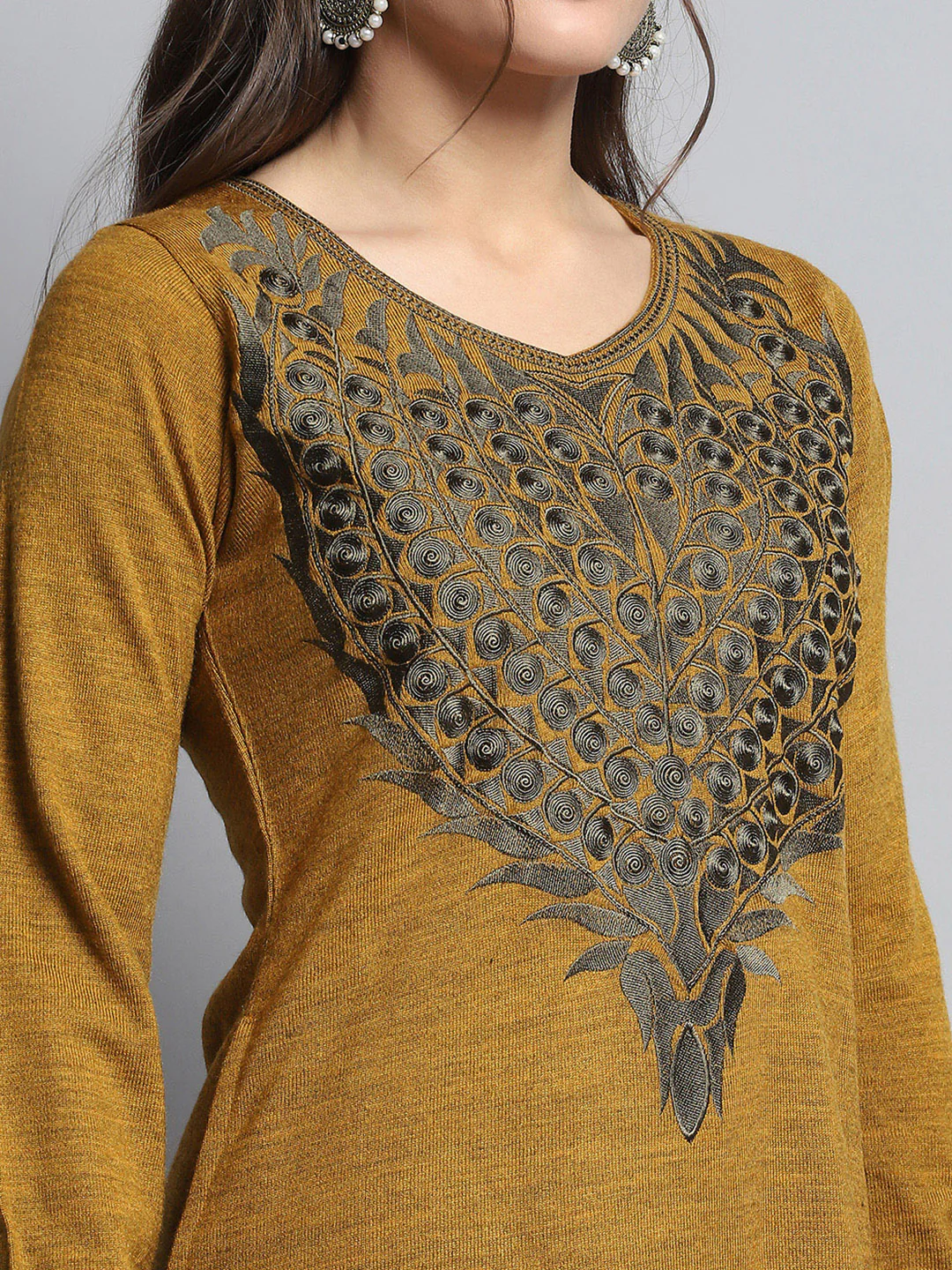 Women Mustard Self Design Round Neck Full Sleeve Kurti Set for Winter - Image 7