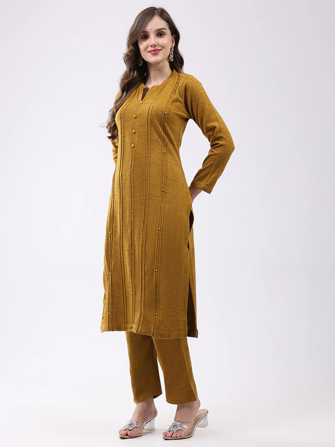 Women Mustard Self Design Round Neck Full Sleeve Kurti Set for Winter - Image 3