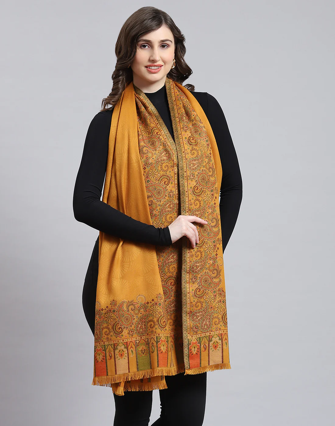 Women Mustard Self Design Shawl - Image 4