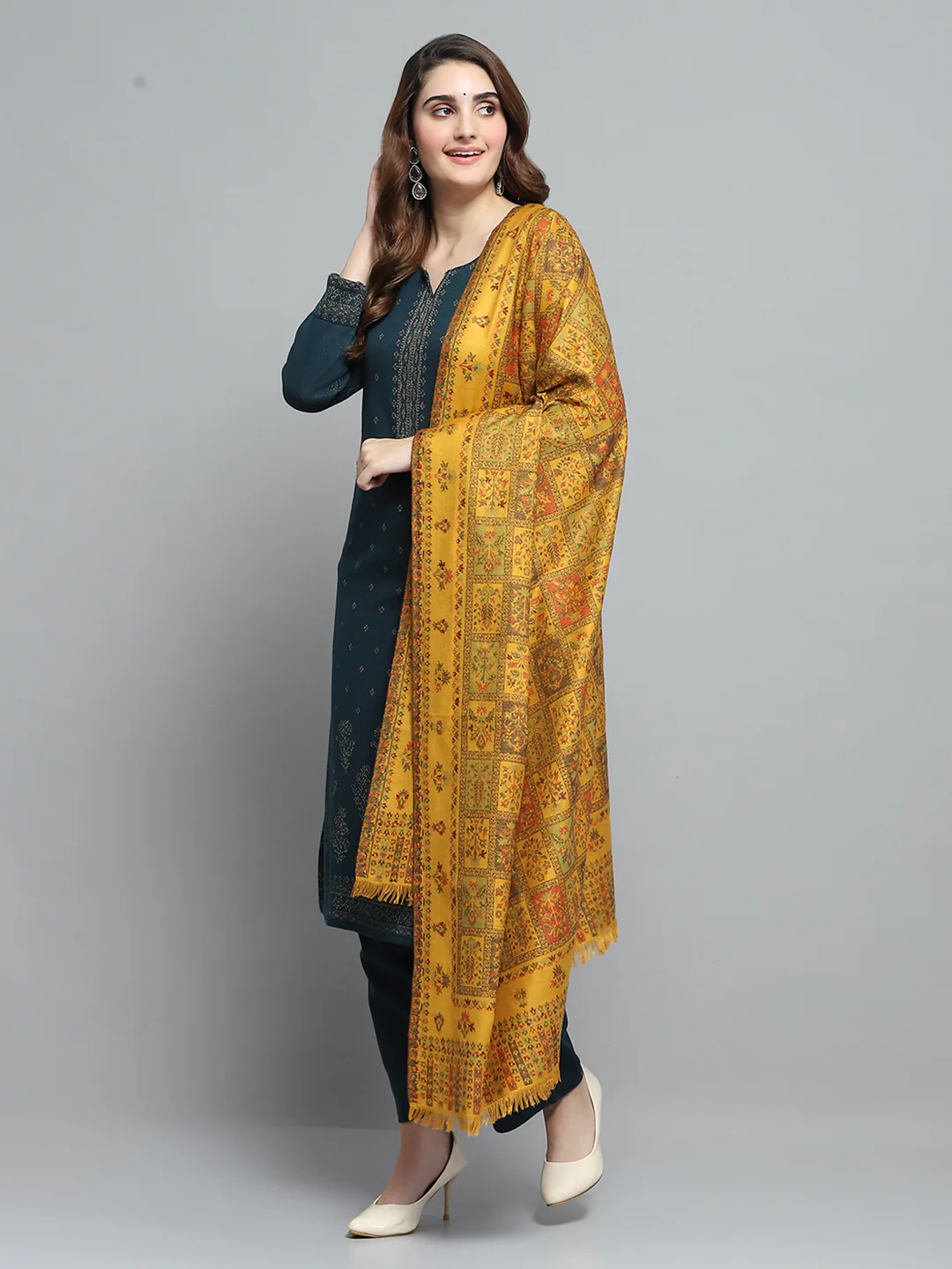 Women Mustard Self Design Shawl - Image 3