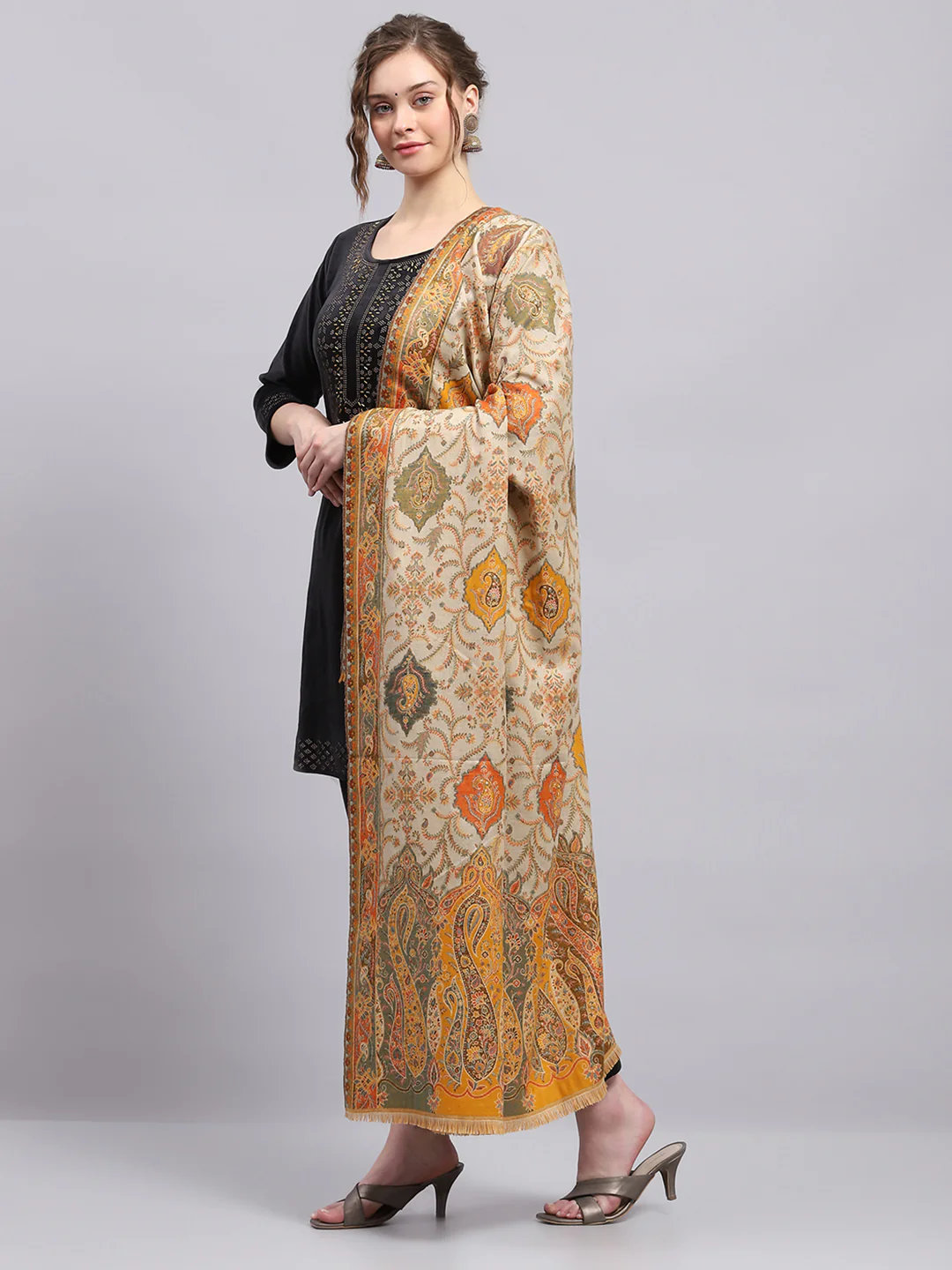 Women Mustard Self Design Shawl - Image 3