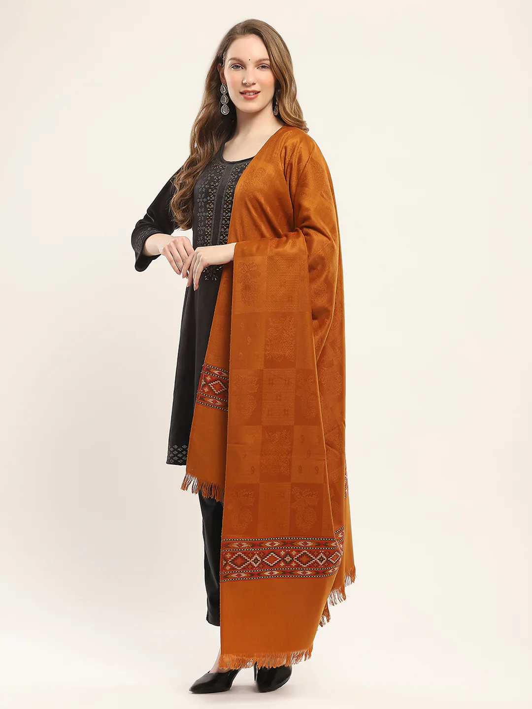 Women Mustard Self Design Shawl - Image 3