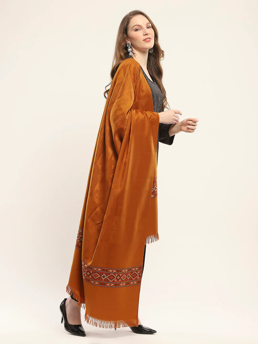 Women Mustard Self Design Shawl - Image 4