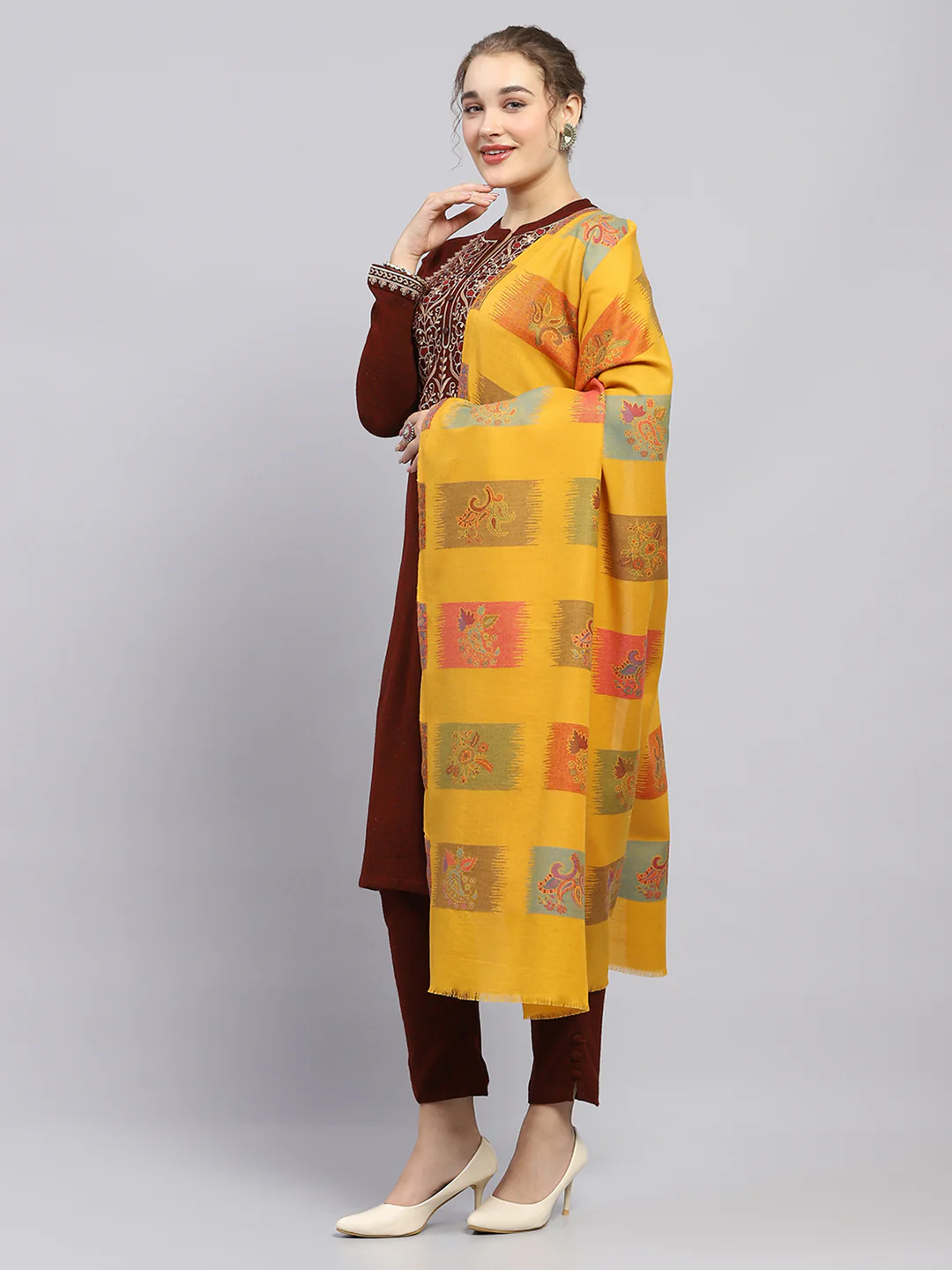 Women Mustard Self Design Shawl - Image 3