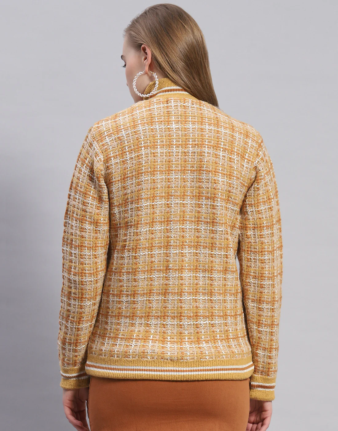 Women Mustard Self Design Stand Collar Full Sleeve Jacket - Image 5