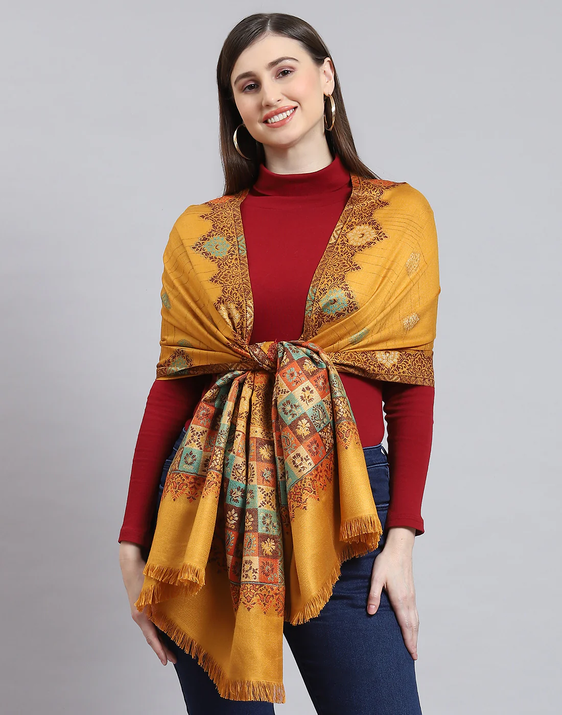 Women Mustard Self Design Stole - Image 2