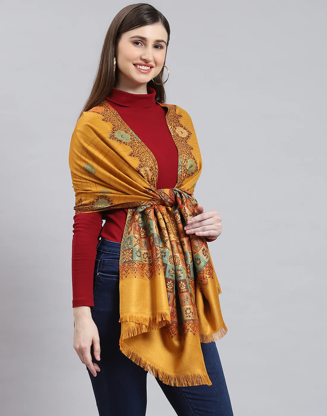 Women Mustard Self Design Stole - Image 4
