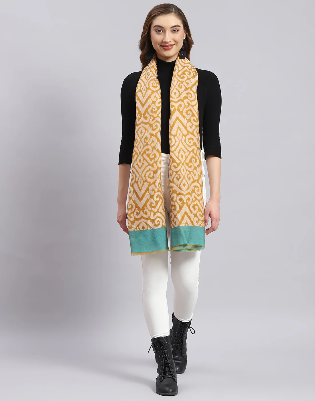 Women Mustard Self Design Stole - Image 3