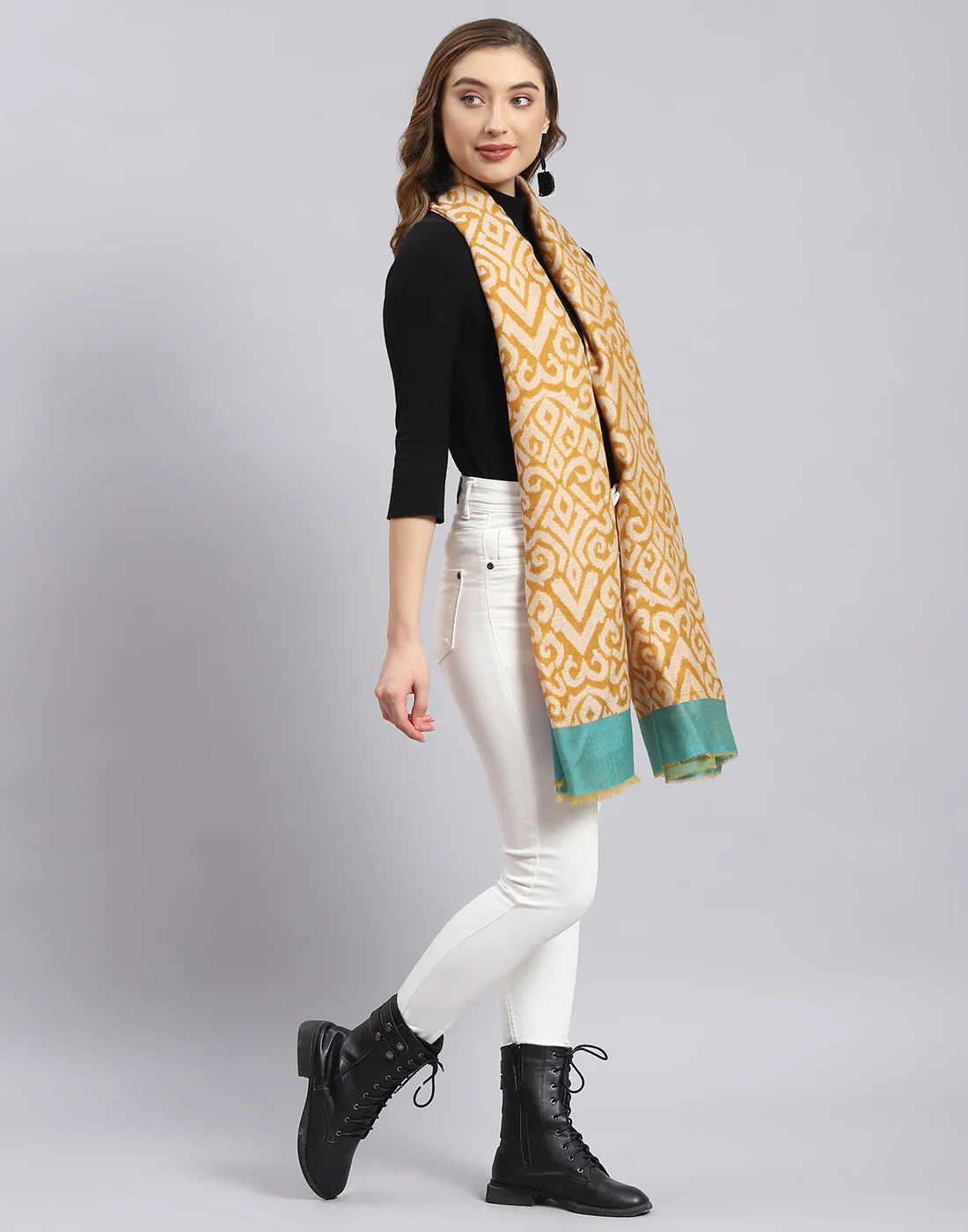 Women Mustard Self Design Stole - Image 5
