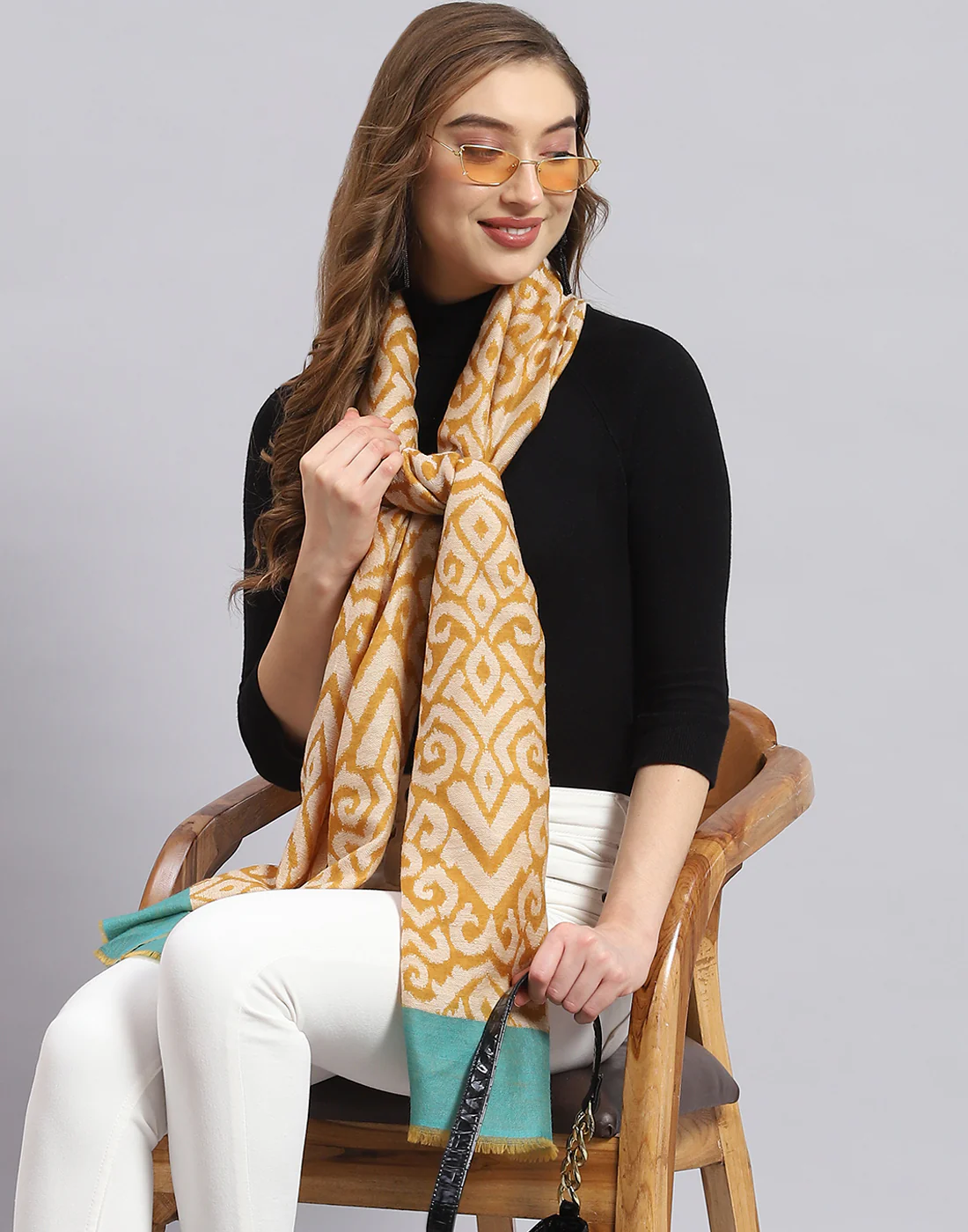 Women Mustard Self Design Stole - Image 6