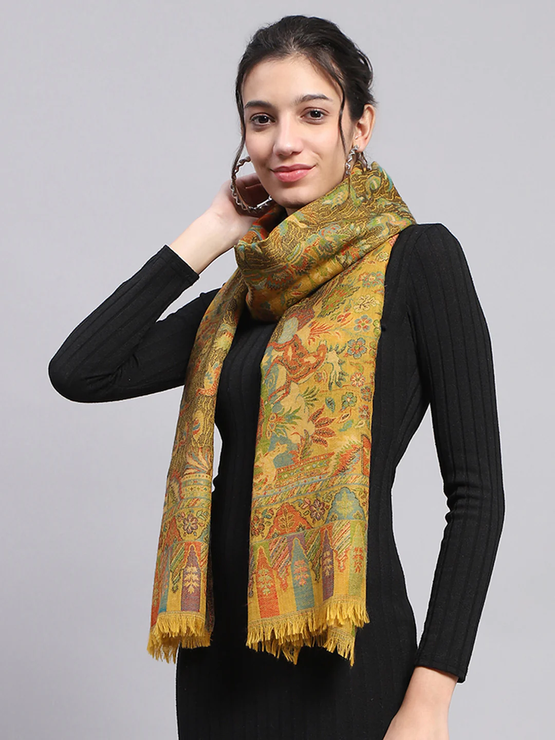 Women Mustard Self Design Stole - Image 4