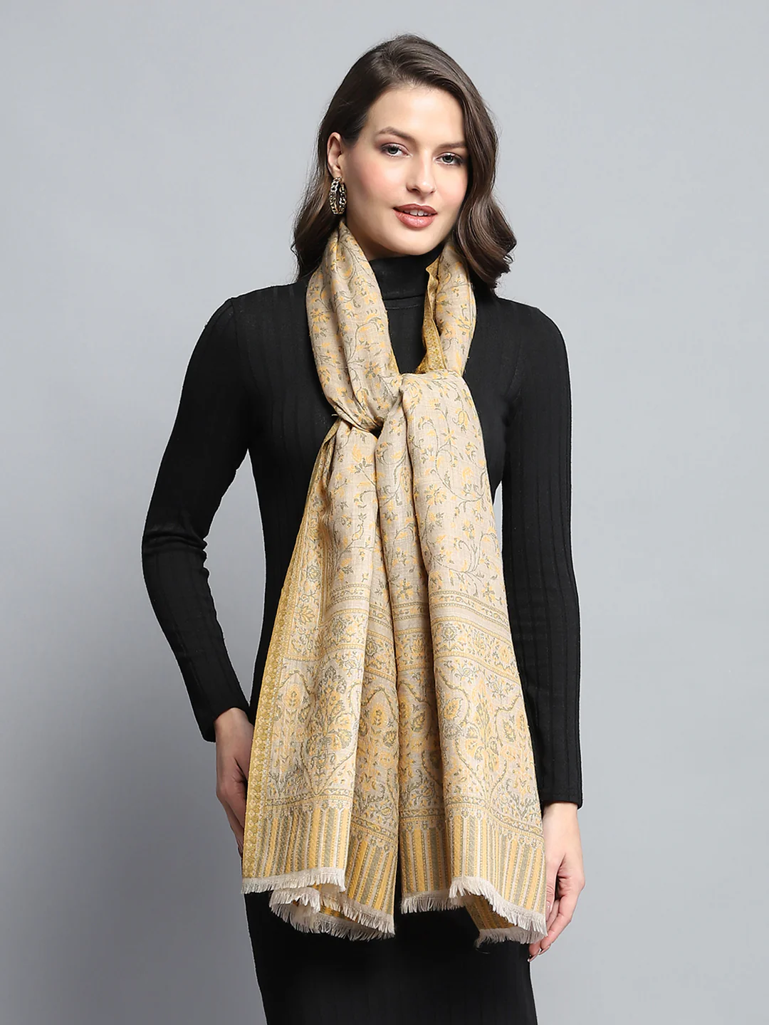 Women Mustard Self Design Stole - Image 3