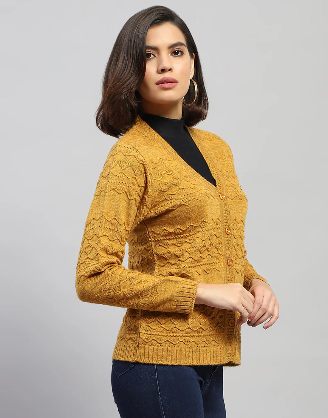 Women Mustard Self Design V Neck Full Sleeve Cardigan - Image 4