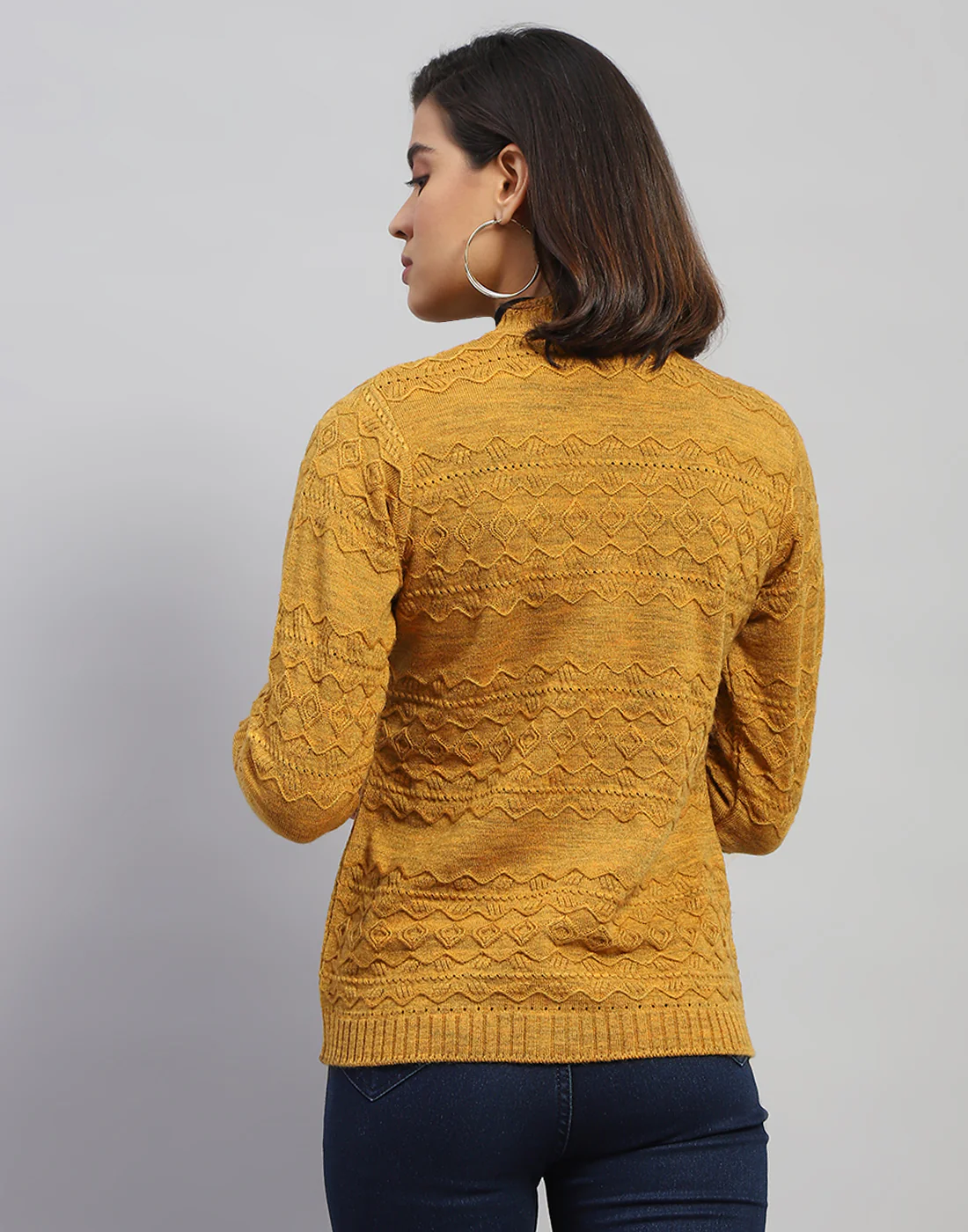 Women Mustard Self Design V Neck Full Sleeve Cardigan - Image 5