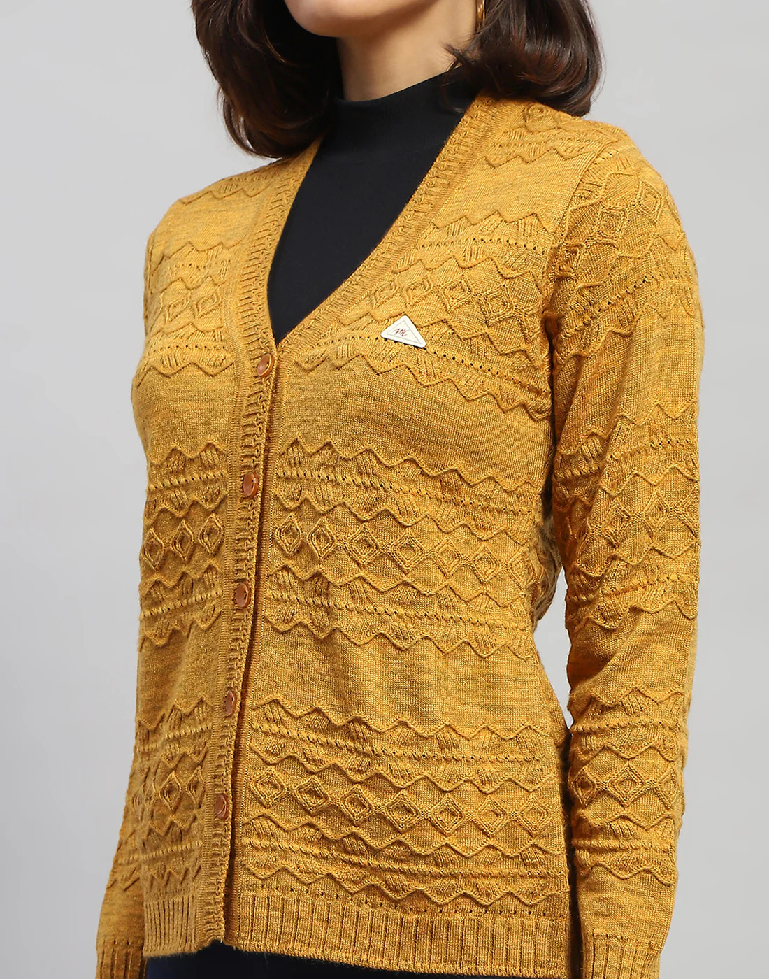 Women Mustard Self Design V Neck Full Sleeve Cardigan - Image 6