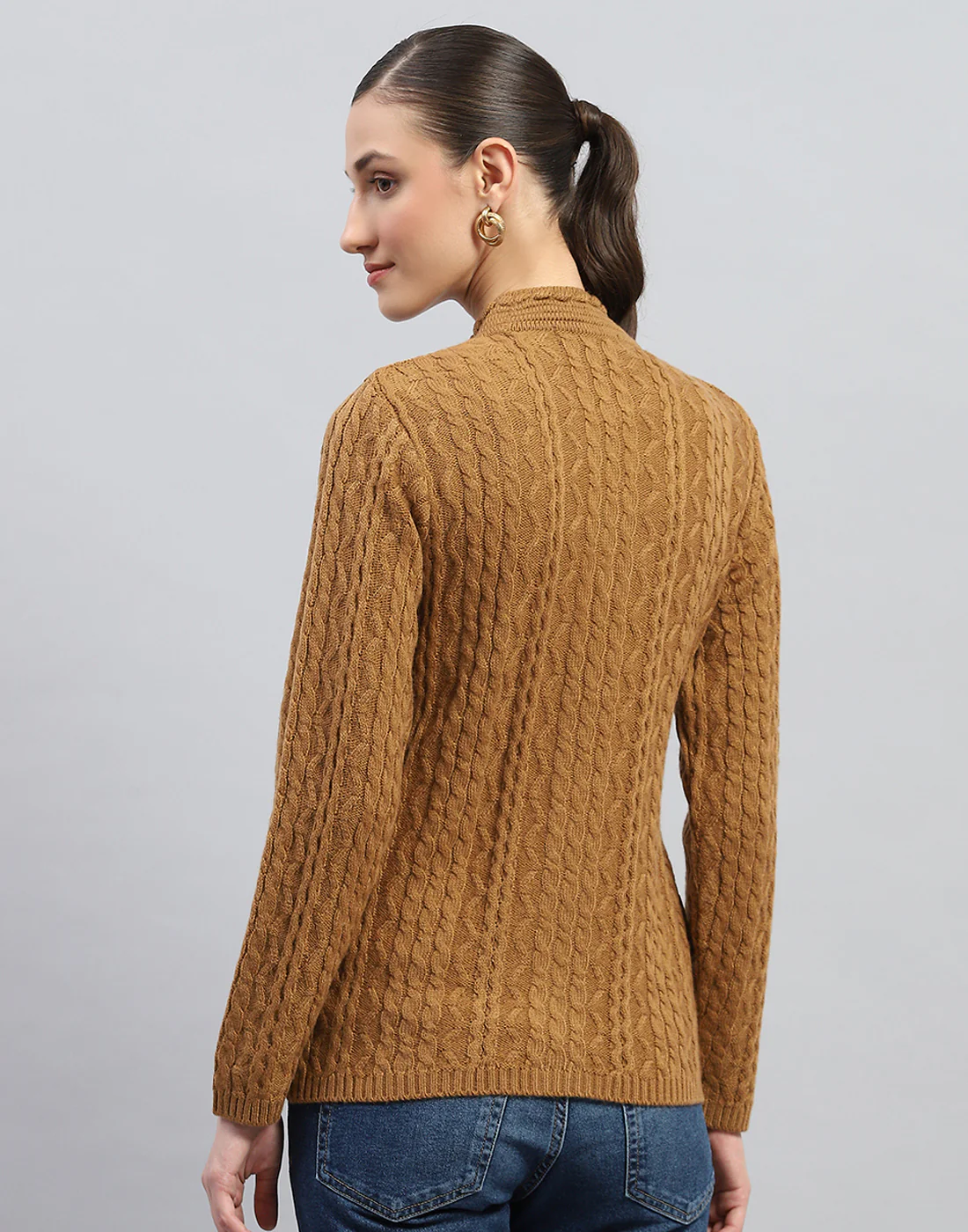Women Mustard Self Design V Neck Full Sleeve Cardigan - Image 5