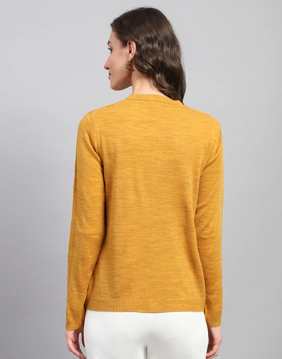 Women Mustard Self Design V Neck Full Sleeve Cardigan - Image 5