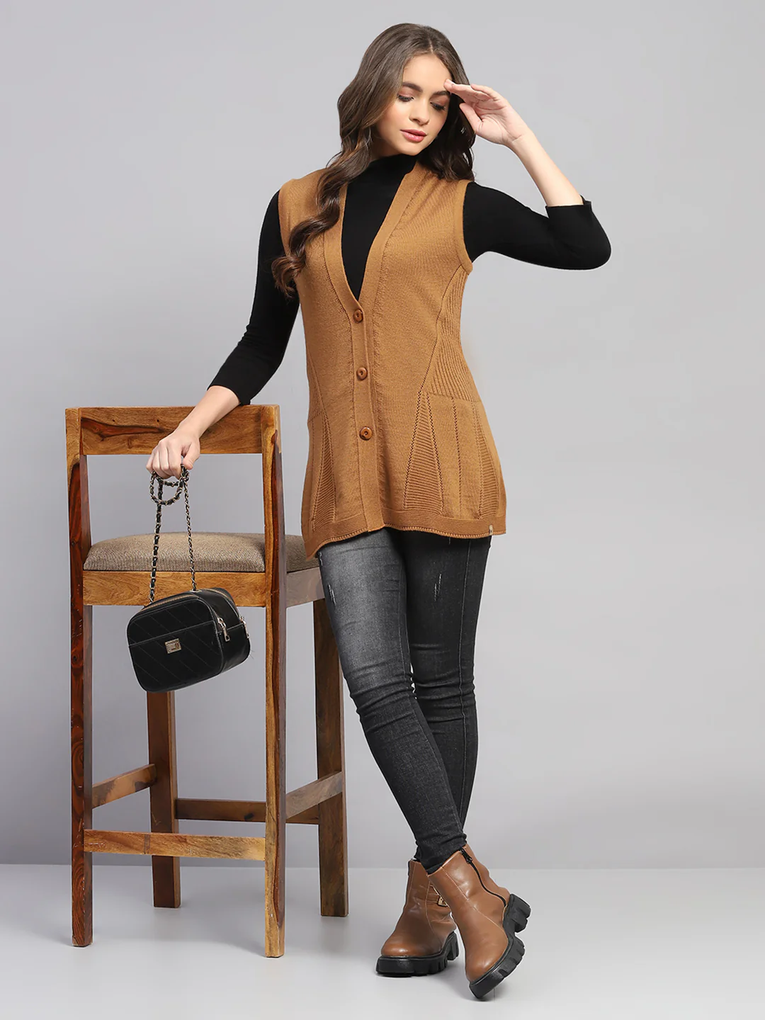 Women Mustard Self Design V Neck Full Sleeve Cardigan - Image 2