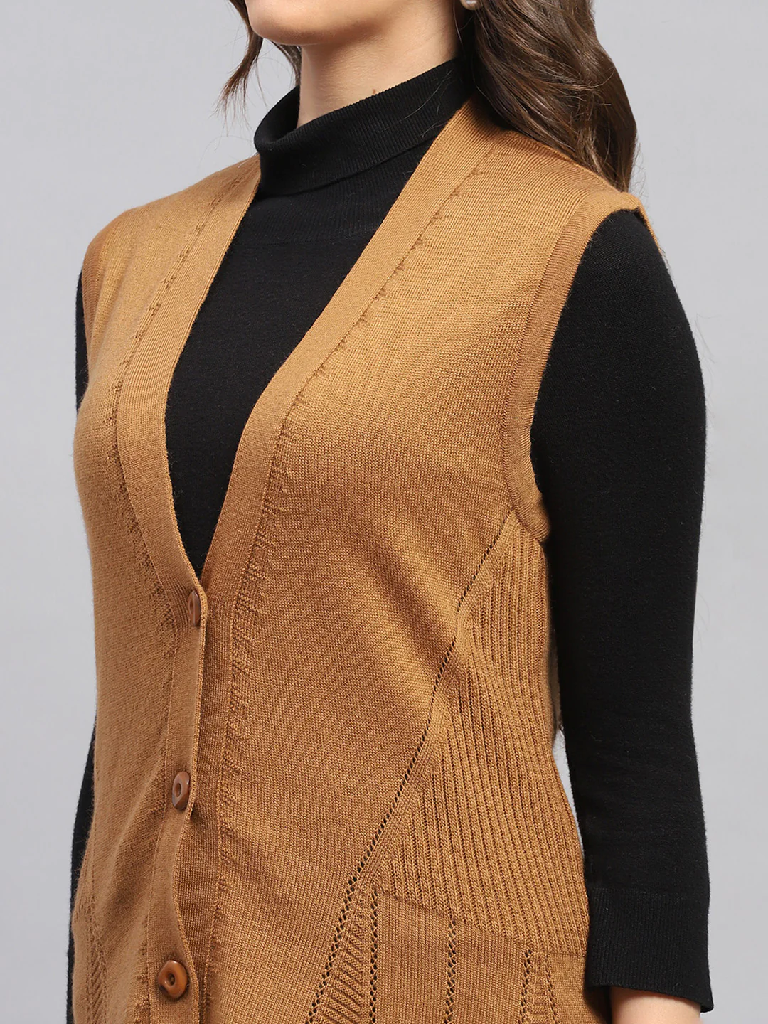 Women Mustard Self Design V Neck Full Sleeve Cardigan - Image 6