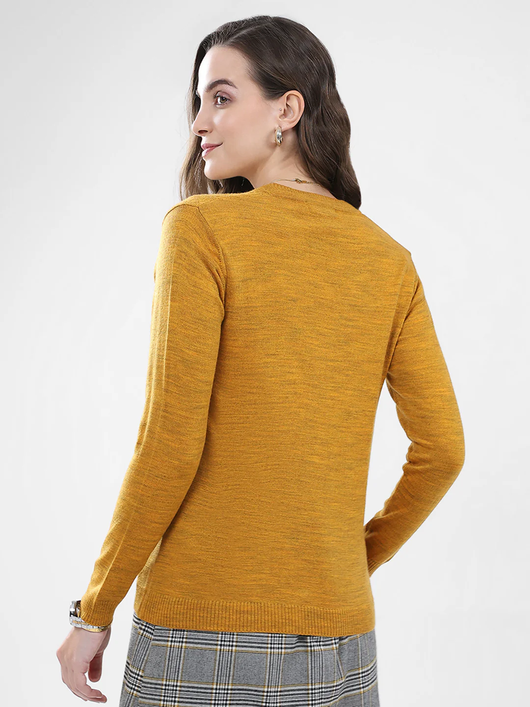 Women Mustard Self Design V Neck Full Sleeve Cardigan - Image 5
