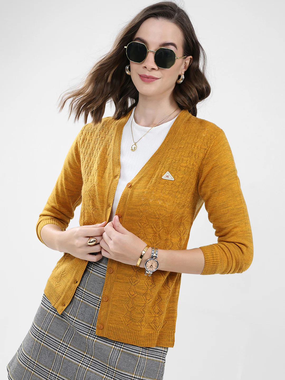 Women Mustard Self Design V Neck Full Sleeve Cardigan - Image 6