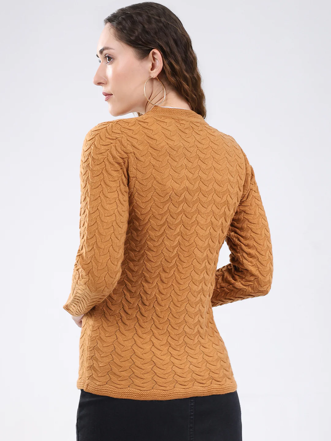 Women Mustard Self Design V Neck Full Sleeve Cardigan - Image 5
