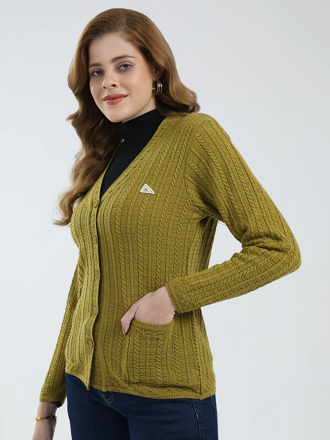 Women Mustard Self Design V Neck Full Sleeve Cardigan - Image 3